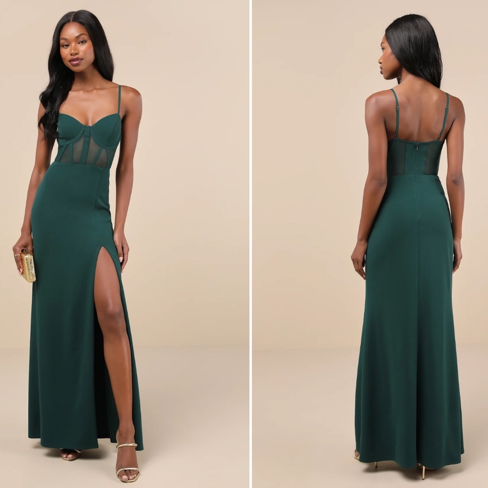Lulu's Forest Green Maxi Dress with Sheer Corset Bodice